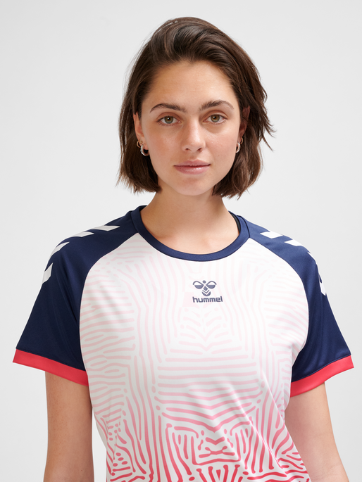 hmlGRAPHIC UNIVERSE JERSEY SS WOMAN, MARINE/WHITE, model