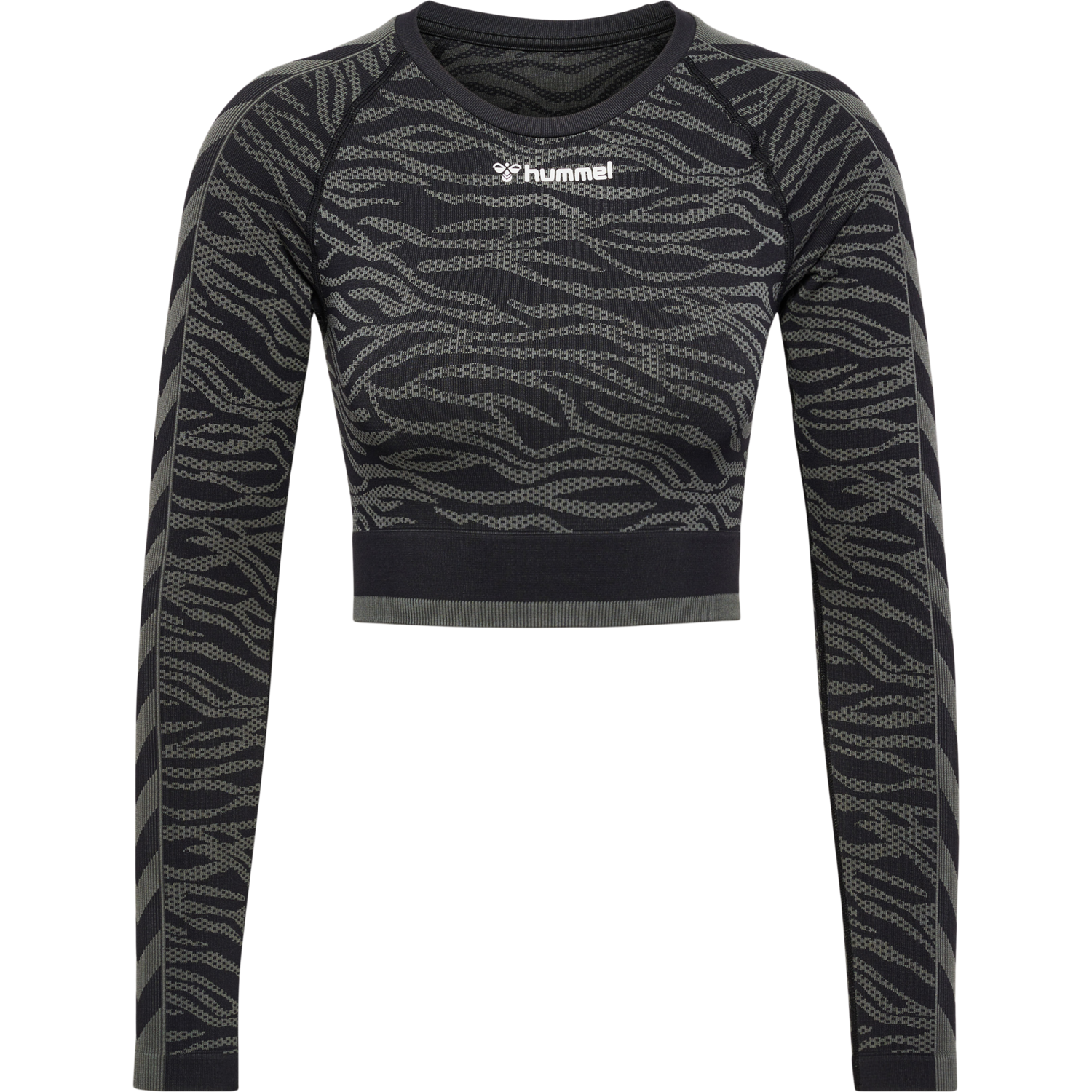 hmlMT SAGA SEAMLESS CROP T-SHIRT LS, BLACK/ASPHALT MELANGE, packshot