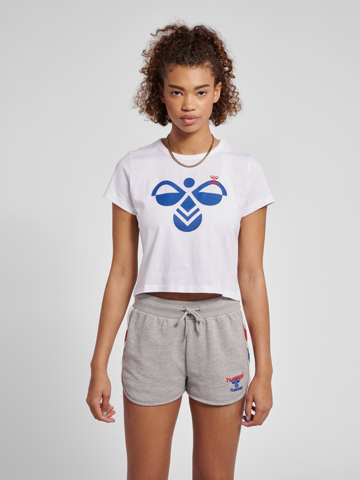 hmlIC TEXAS CROPPED T-SHIRT, WHITE/TRUE BLUE, model