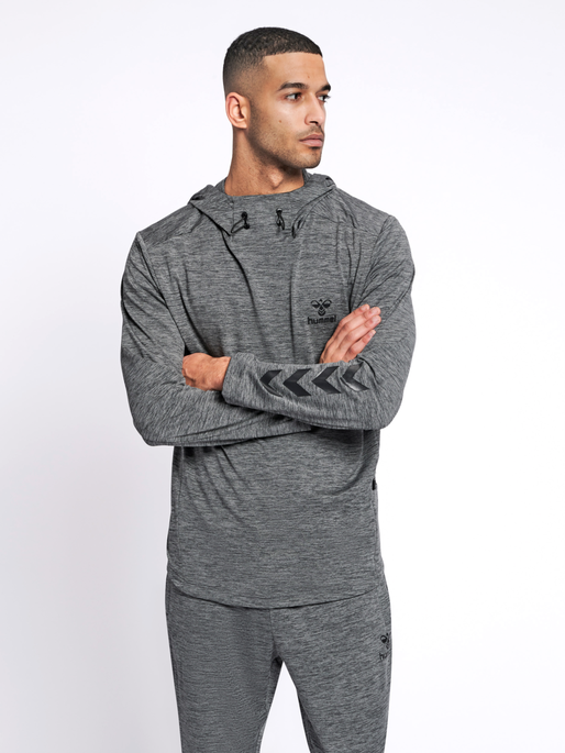hmlASTON HOODIE, DARK GREY MELANGE, model